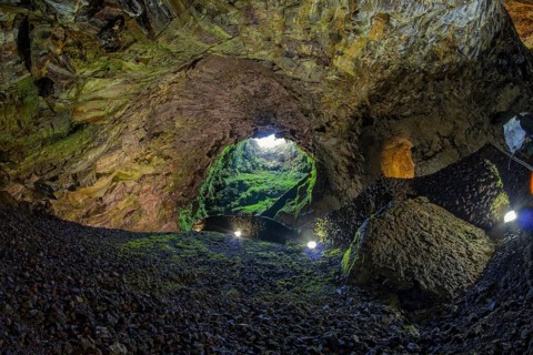 Inside the volcanic vent Algar do carvao Azores Terceira Portugal