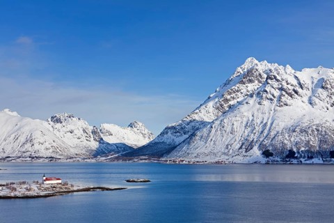 Sildpollnes Church by Austnesfjord on the Sildpollneset peninsula on Austvagoy Island