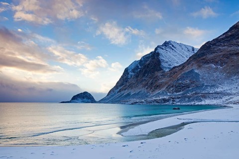 Beach at Haukland in the snow in winter