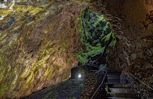 Inside the volcanic vent Algar do carvao Azores Terceira Portugal