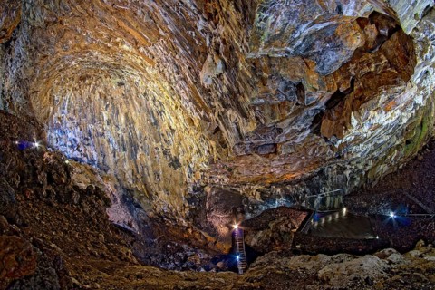 Inside the volcanic vent Algar do carvao Azores Terceira Portugal
