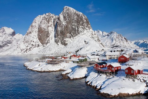 Rorbuer huts and wooden racks with stockfish to dry by Hamnoy fjord in the snow in winter