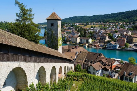View of the Munot fortress and the town with the Rhine