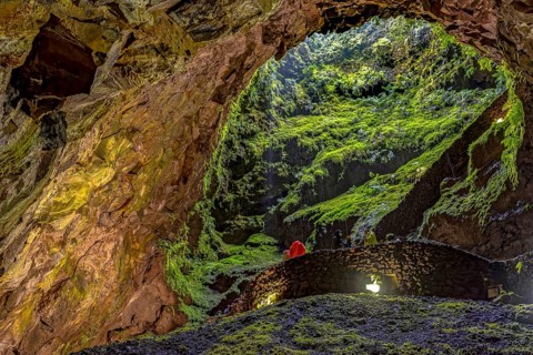 Inside the volcanic vent Algar do carvao Azores Terceira Portugal