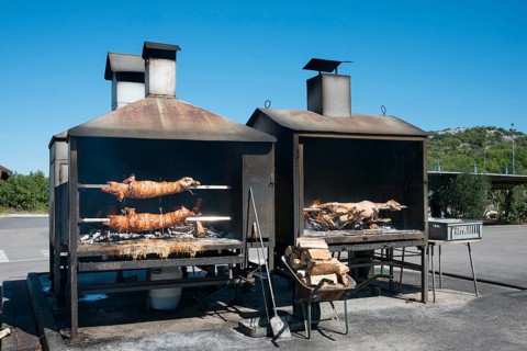 Suckling pig and lamb on the grill