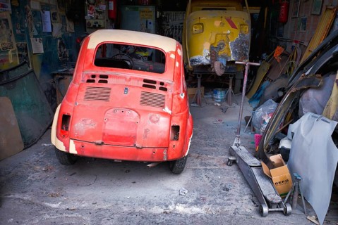 Historic old Fiat 500 in garage