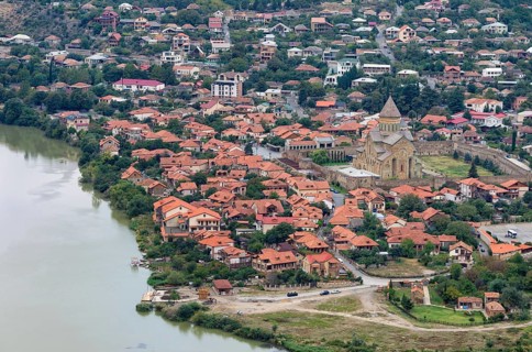 View of the Aragvi River and the Holy Cross Church of Mtskheta