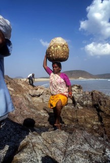 A woman carrying luggage on head in Gangavaram