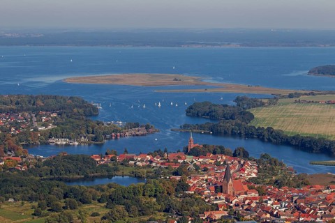 Aerial view of the town of Roebel on the western shore of the Mueritz