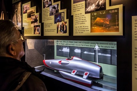 Scale model of John Cobb's jet speedboat Crusader at the Loch Ness Centre and Exhibition Experience in Drumnadrochit