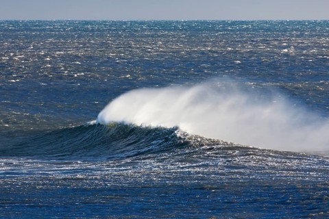 Wave crest in the Arctic Ocean with spray and spindrift due to strong winds