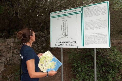 Holidaymaker looking at information board at the Tomb of the Giants