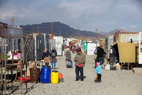 Murghab bazaar with stalls in containers in Murghob district of the Gorno-Badakhshan Autonomous Region
