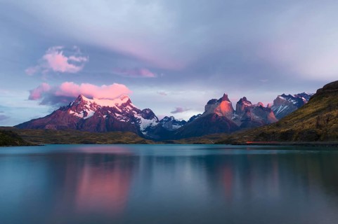 Sunrise over the Cuernos del Paine and Lago Pehoe