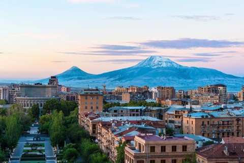 Mount Ararat and Yerevan seen from the Cascade at sunrise