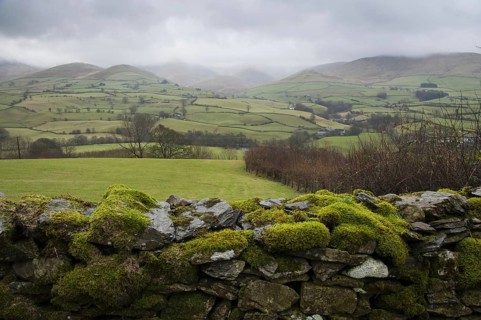 Looking over a moss-covered dry stone wall towards Fallen with low clouds