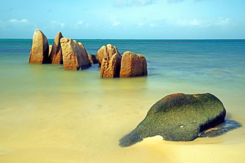 Granite rocks in the sea in the early morning