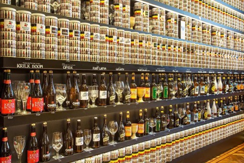 Collection of Belgian beers for sale in a souvenir shop in Belgium