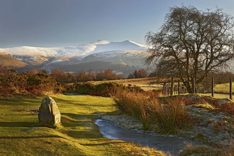 Standing stone on Highland common in the evening