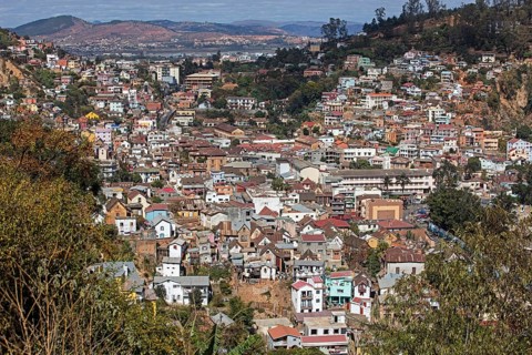 Aerial view over the nineteenth century houses in the historic Haute Ville in Antananarivo