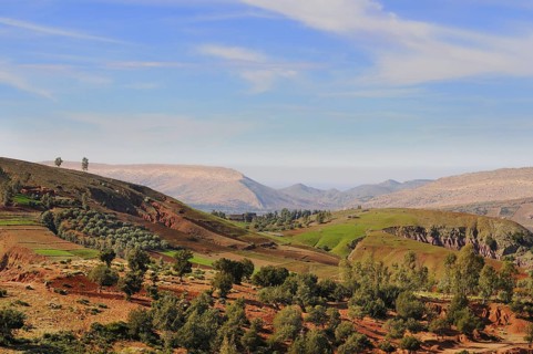 View of farmland and hills