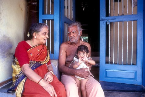 A Palghat Brahmin family sitting in front of their house in Kalpathy near Palakkad or Palghat