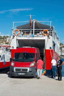 Motorhome rides on ferry to Corfu