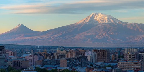 Mount Ararat and Yerevan seen from the Cascade at sunrise