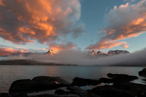 Sunrise over the Cuernos del Paine and Lago Pehoe