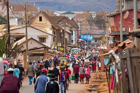 Malagasy locals shopping in the colonial main street of Ambalavao town