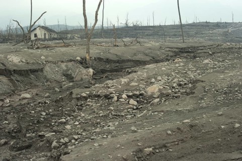 Riverbed and field covered with ash