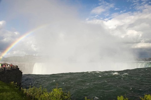 Rainbow forming in spray over waterfall