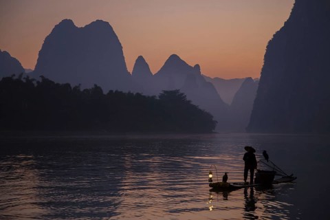 Traditional fisherman with trained cormorants standing on a bamboo raft at sunrise on a river in the karst area