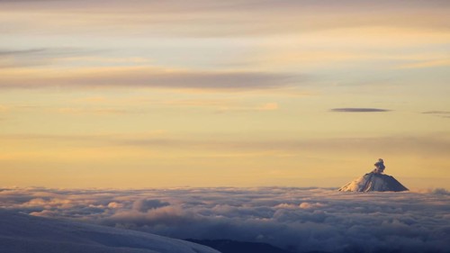 View of active stratovolcano at sunrise