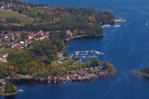 Aerial view of the town of Roebel on the western shore of the Mueritz