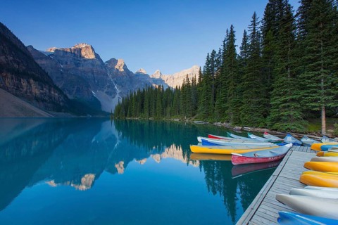 Canoes at Moraine Lake in the Valley of the Ten Peaks