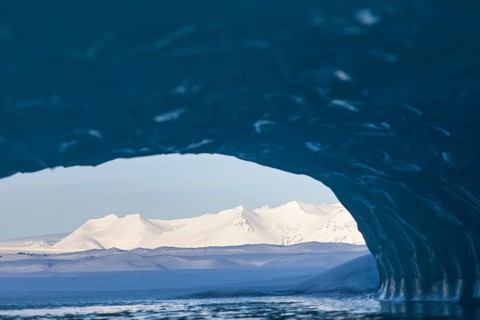 View from the ice cave over the glacier lagoon Fjallsarlon