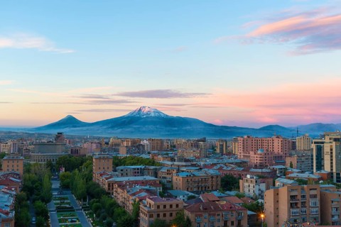 Mount Ararat and Yerevan seen from the Cascade at sunrise