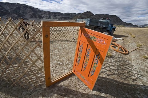 Kazakh nomads set up ger camps on the steppe