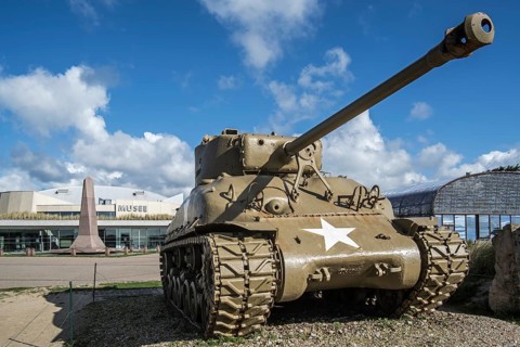 American M4 Sherman tank in front of the Musee du Debarquement Utah Beach