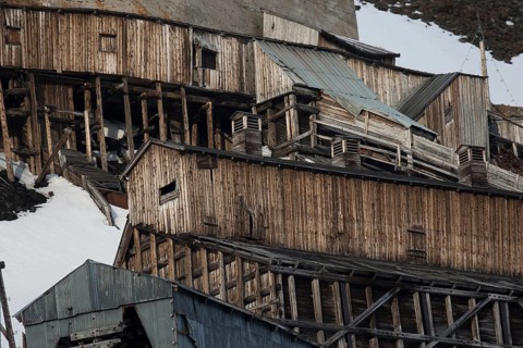Dilapidated buildings of an abandoned former coal mine in Longyearbyen