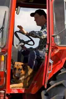 Farmer with German shepherd dog