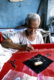 Old man making embroidery work in Thiruvallikeni or Triplicane in Chennai