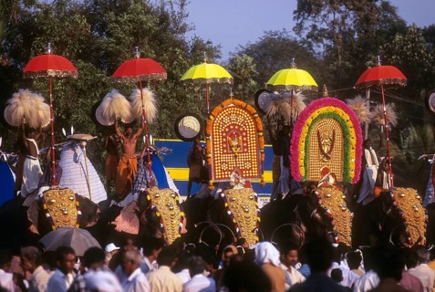 Decorated elephants in Chinnakathoor Pooram festival procession near Palakkad or Palghat