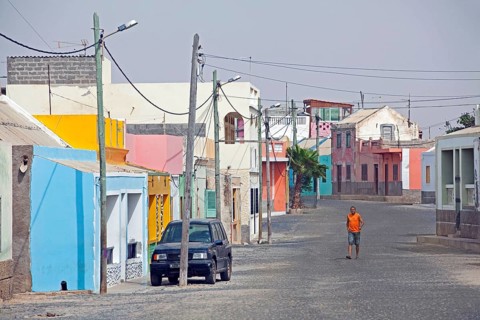 Street with colourful houses in the village of Rabil on Boa Vista Island