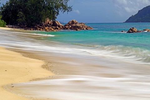 Beach and granite rocks at Anse Possession
