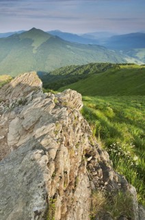 Rock formation and montane meadow habitat in evening sunlight