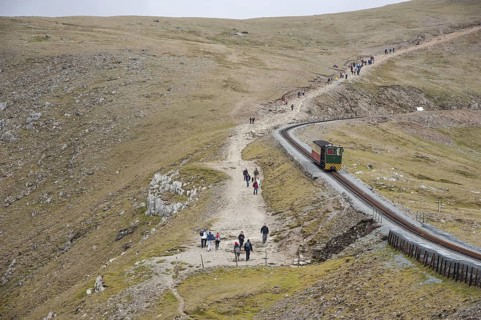 Hiker and train in the mountains