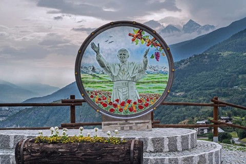 Painted picture on glass of Pope John Paul II in Introd in the Aosta Valley
