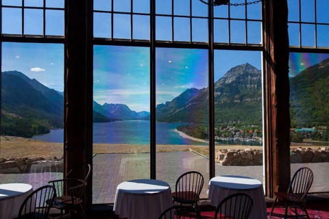 View over Upper Waterton Lake from the window of the Prince of Wales Hotel